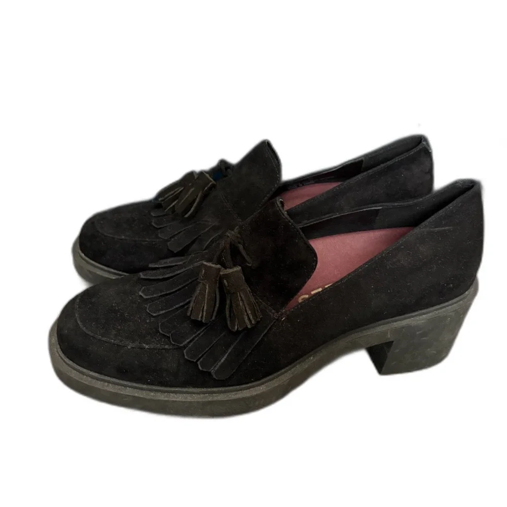 Aerosoles Gibes Black Suede Leather Tassel Chunky Block Heel Loafers Womens 11